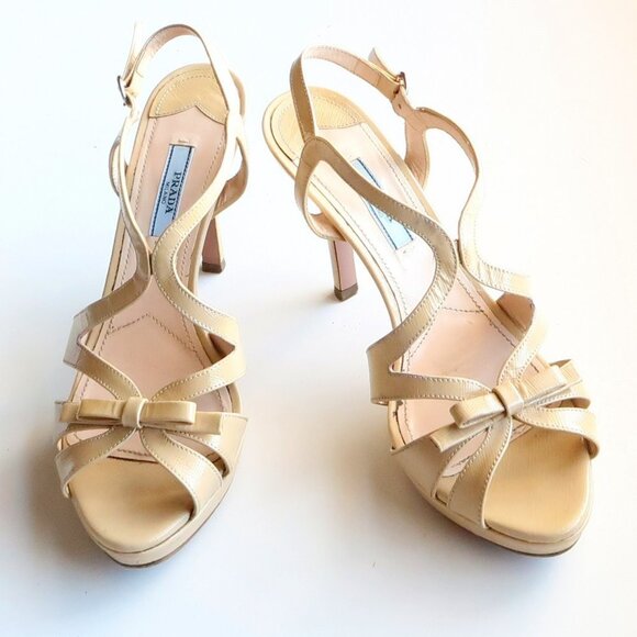 Prada Pale Yellow Patent Leather Strappy Platform Heels Sandals w Bow Size 7.5 - Picture 1 of 16